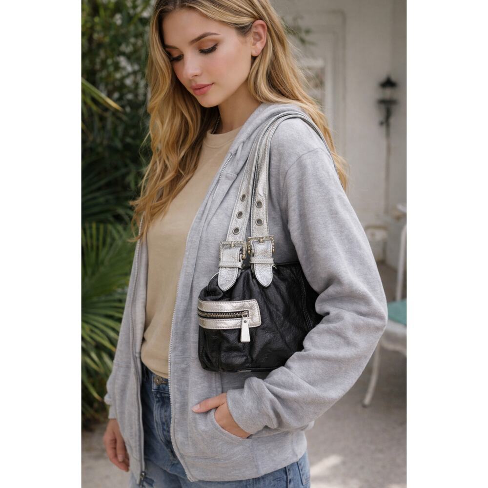 Sabina New York Y2K Black Leather Shoulder Bag Silver Trim Studded Buckle